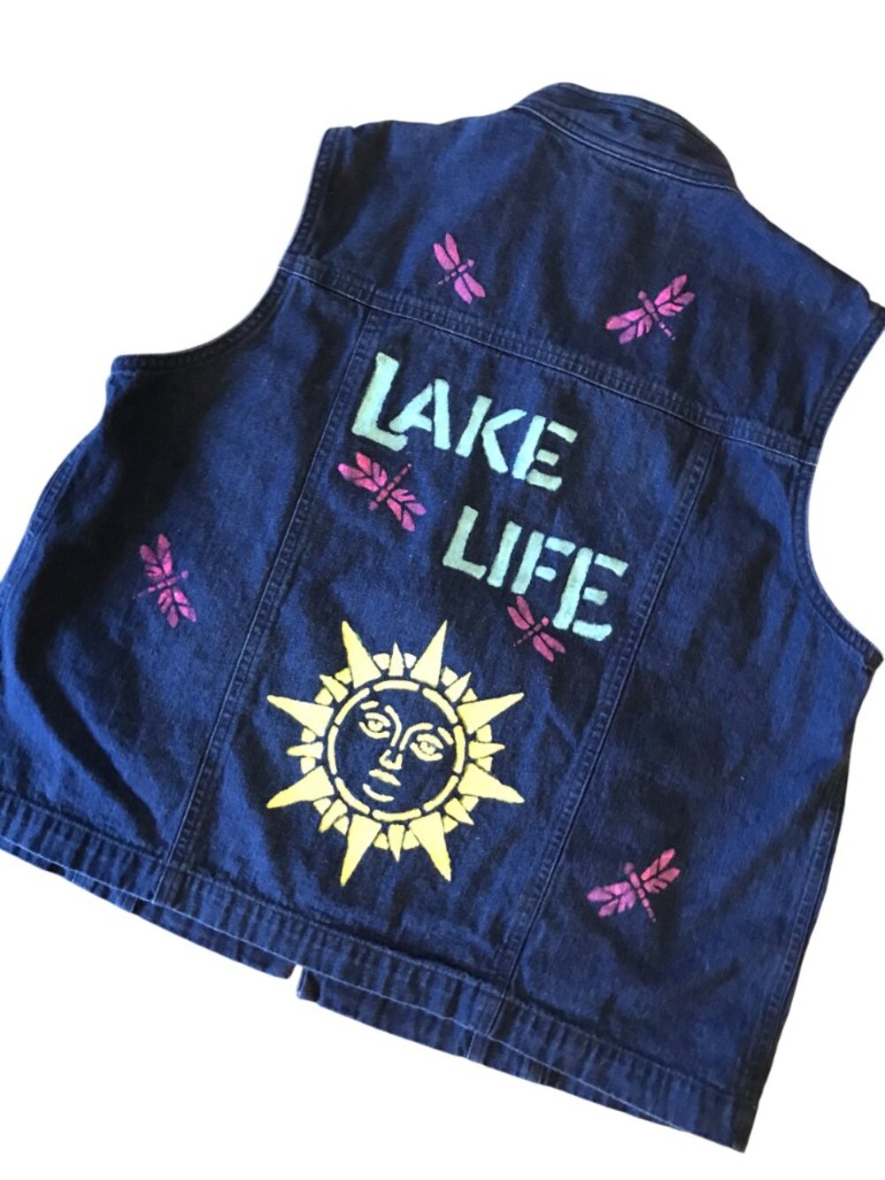 Upcycled Denim Vest, Lake Life Sleeveless Jean Jacket Lake Theme Medium